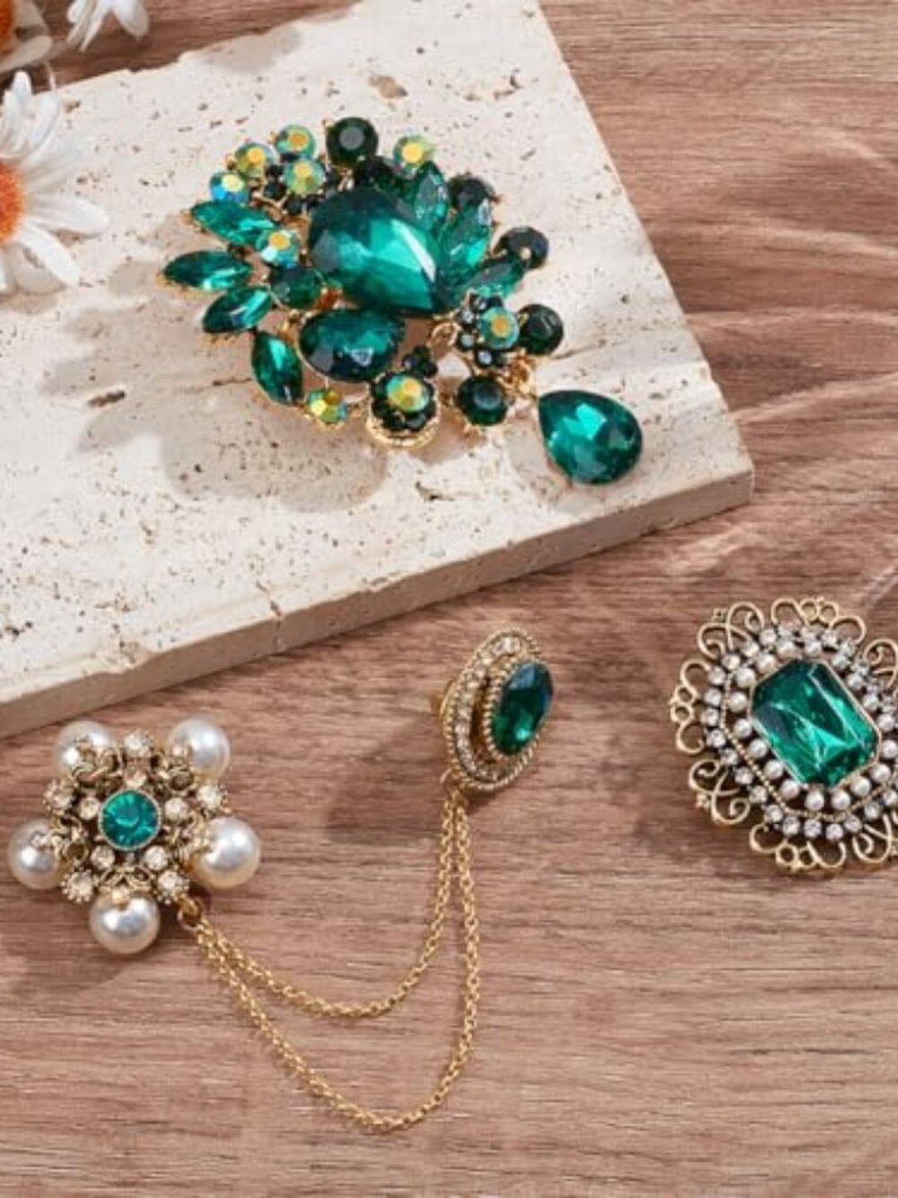 3 Pcs‎ Green Crystal Brooch Pins